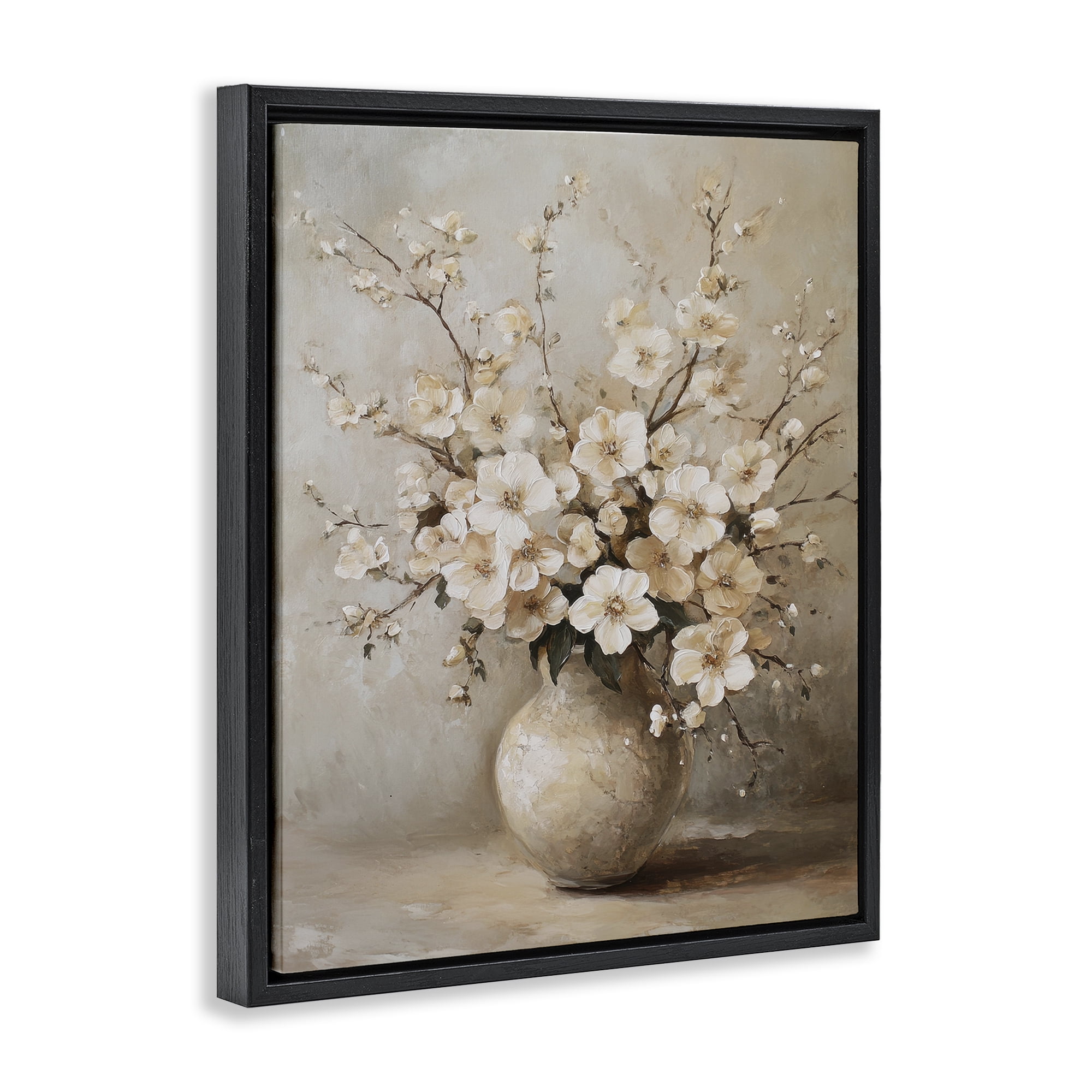 Stupell Industries Cherry Blossoms in Pottery Plants & Flowers Painting Black Floater Framed Canvas Art Print Wall Art, 17 x 21