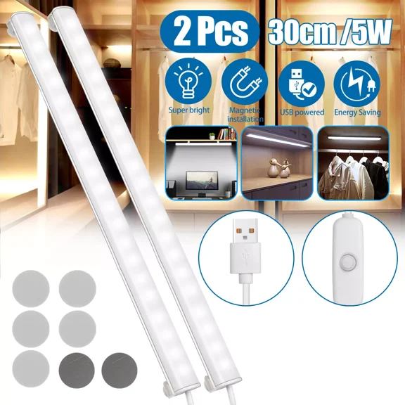 2Pcs 20Led Under Cabinet Closet Lights Usb Kitchen Shelf Magnetic Strip Bar Lamp