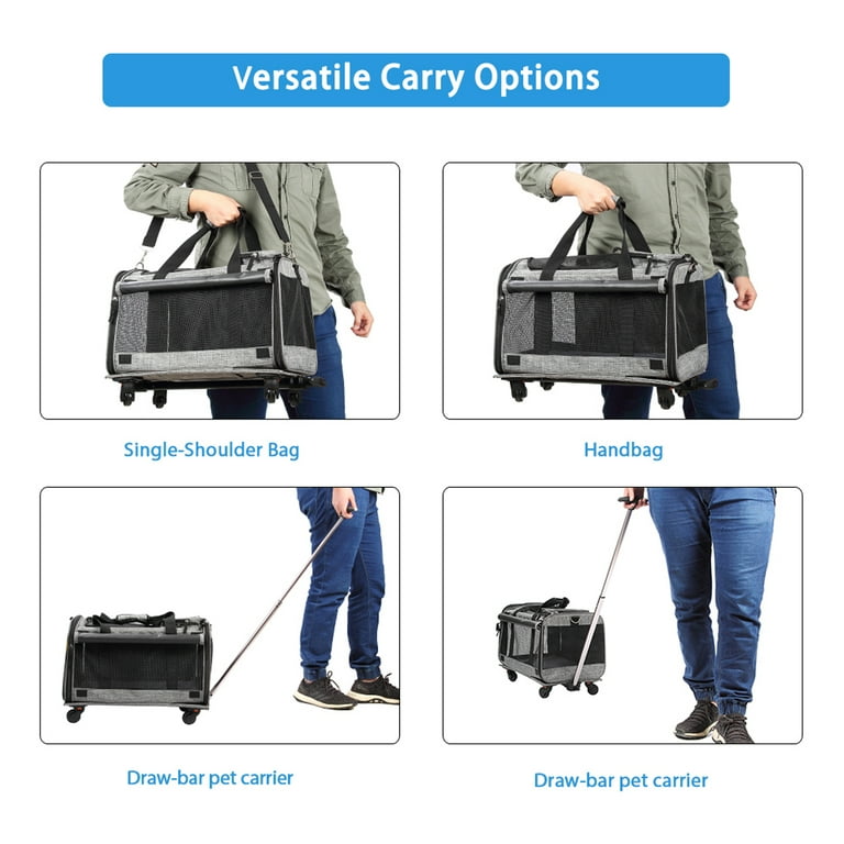 Airline Approved Rolling Cat Carrier - Wheeled Pet Travel Bag With Handle & Strap, Grey