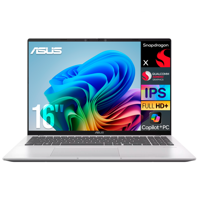 Laptop AI PC ASUS Vivobook 16 X1607QA Snapdragon X 16GB LPDDR5X 1TB SSD Pantalla 16" IPS FHD+ Copilot+ PC NPU 45 TOPS Windows 11 Teclado Ingles