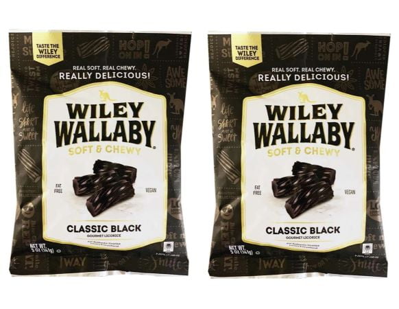 CGT Wiley Wallaby Classic Black Licorice Twist Soft Chewy Fat Free No High Fructose Corn Syrup Vegan Summer Halloween Easter Snack Treat Party Favor Gift Box 5 oz. Bags (Pack of 2)