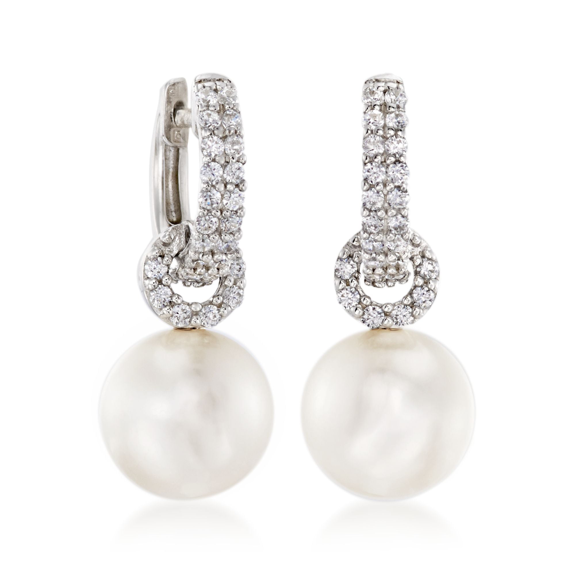 Ross-Simons Cultured Pearl and 50 ct. t.w. CZ Hoop Drop Earrings in  Sterling Silver