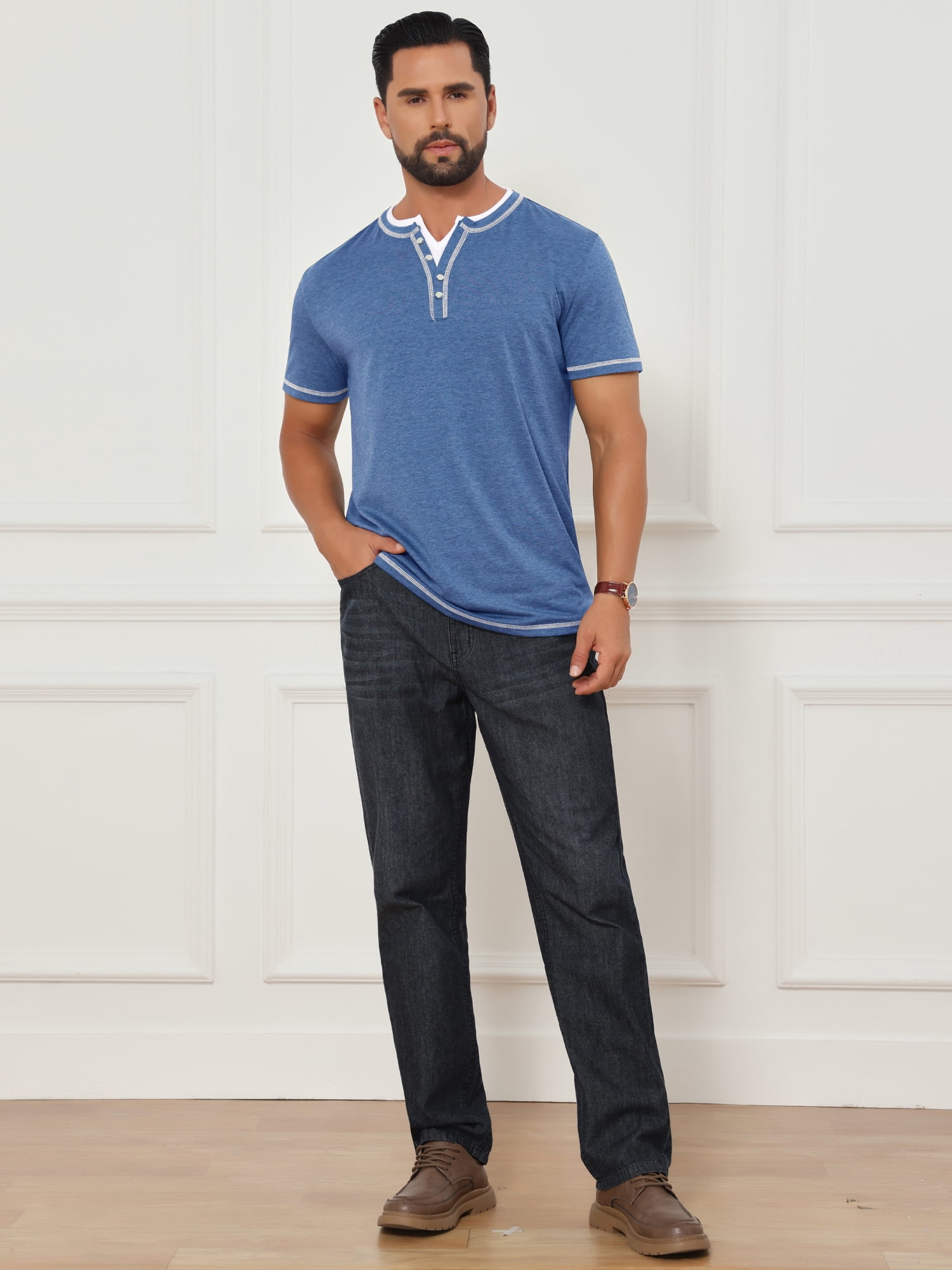 DARING DIVA Men's Henley V-Neck Colorblock Button Down Short Sleeve T-Shirt S Blue