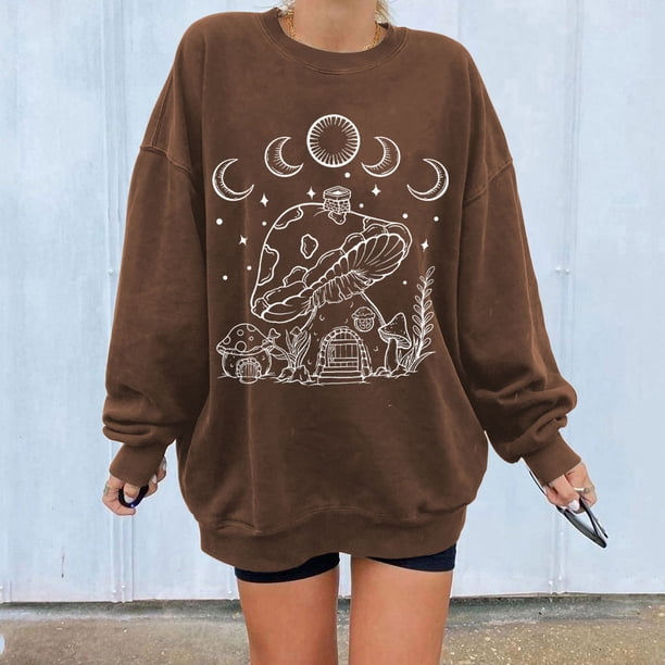 Puntoco Mujeres Casual Manga Completa Cuello Redondo tops Camisas Sueltas Blusa Estampado de Sol y Luna Sudadera Gráfica Puntoco Puntoco-5362