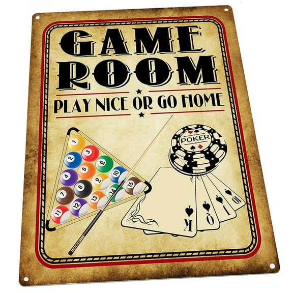 Game Room Play Nice or Go Home 9"x12" Metal Sign, Wall Decor for Vacation Home