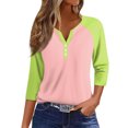 thumbnail image 2 of Fiudx Liquidación de Ofertas Flash Blusas Estampadas con Bloques de Color Informales para Mujer, Top con Cuello En V y Botones, Manga 3/4, Hombro a Manga, 2 of 5