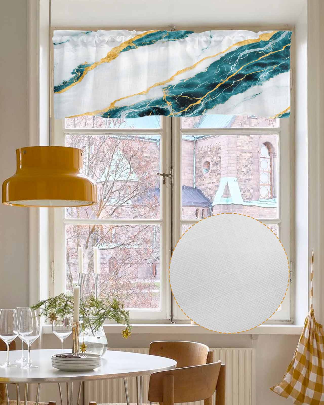 Marble Turquoise Kitchen Valances for Windows Farmhouse Linen Window Valance Curtain for Living Room Window Treatment Gold Foil Ceramic Style Crack Scratch Valance Rod Pocket Topper, 60 x 18 Inch