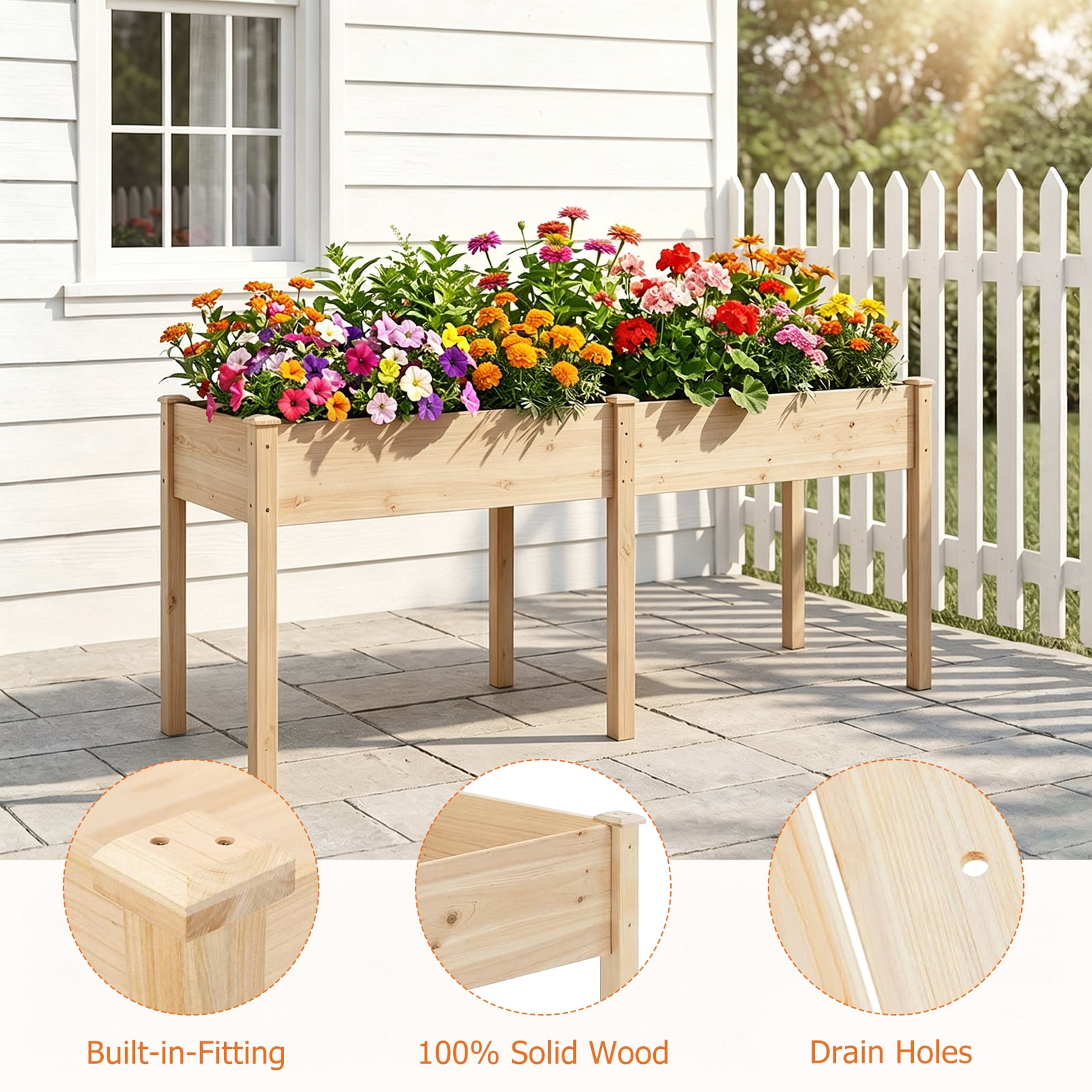 Atilioo Raised Garden Bed with Legs, 72x23x30 Inch Elevated Reinforced Wooden Large Planter Box for Backyard, Patio, Balcony w/ Liner, Natural