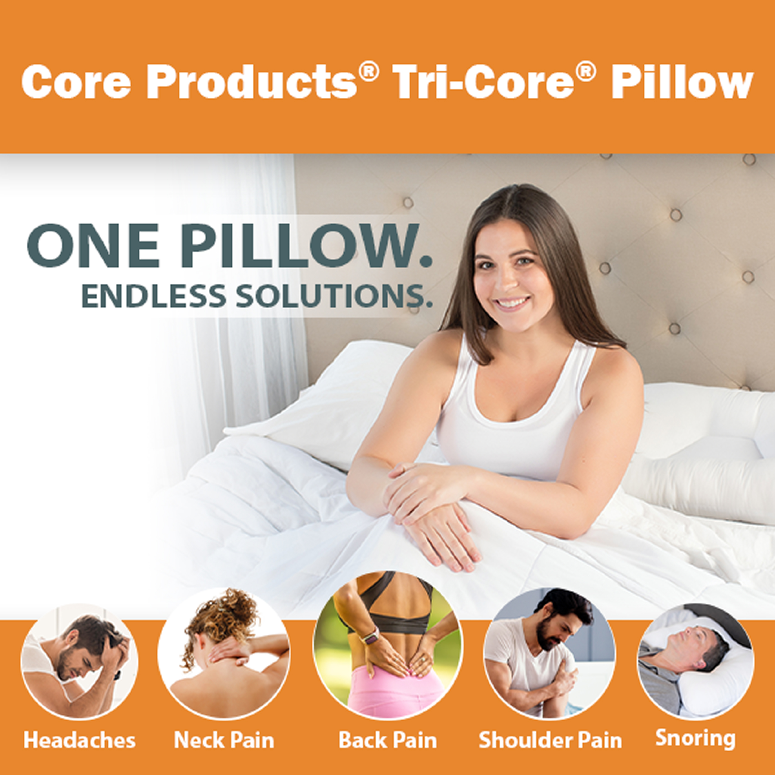 Core Products Tri-Core Cervical Support Pillow for Neck, Shoulder, and Back Pain Relief; Ergonomic Orthopedic Contour Bed Pillow for Back and Side Sleepers; Assembled in USA - Firm, Full Size, 2 Pack - image 2 of 11