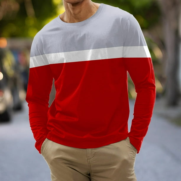 Mens Shirt Adult Male Plain T Shirts Men Mens Fashion Casual Sports Striped  Stitching Digital Printing Round Neck T Shirt Long Sleeve Clothes(Red,XL)