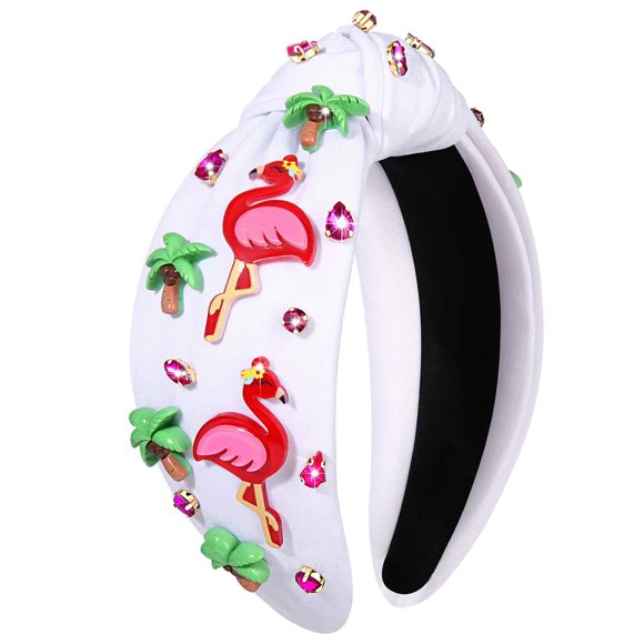 mokkia Diadema de Flamenco Mujer Diadema de Playa de Verano Diadema de Palmera Tropical Diademas bohemias hawaianas Diadema con Nudo Superior de Cristal Rosa Flamenco A