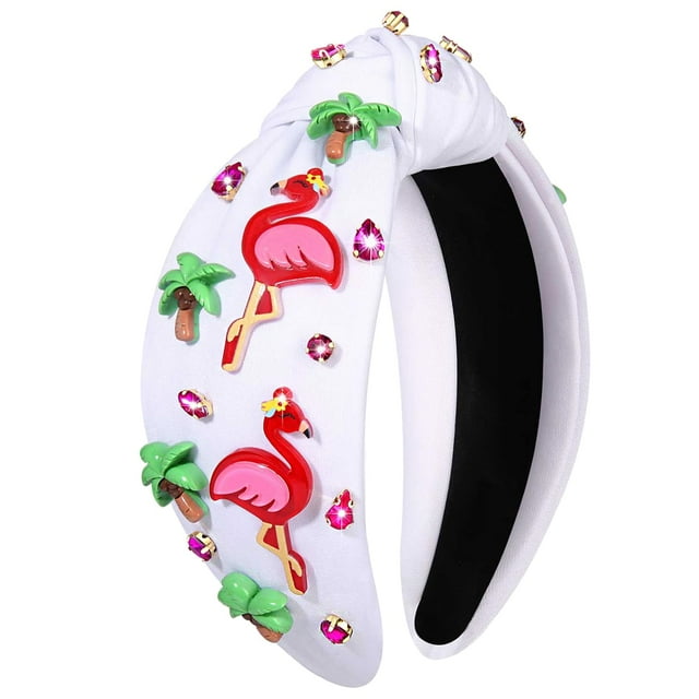 mokkia Diadema de Flamenco Mujer Diadema de Playa de Verano Diadema de Palmera Tropical Diademas bohemias hawaianas Diadema con Nudo Superior de Cristal Rosa Flamenco A