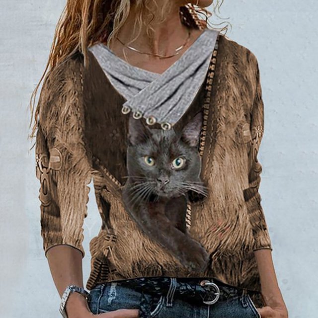 Pntutb Mujeres Casual tops Cruz Cuello en V Botones Impresión Manga Larga Suéteres Blusa Pntutb Pntutb-7071