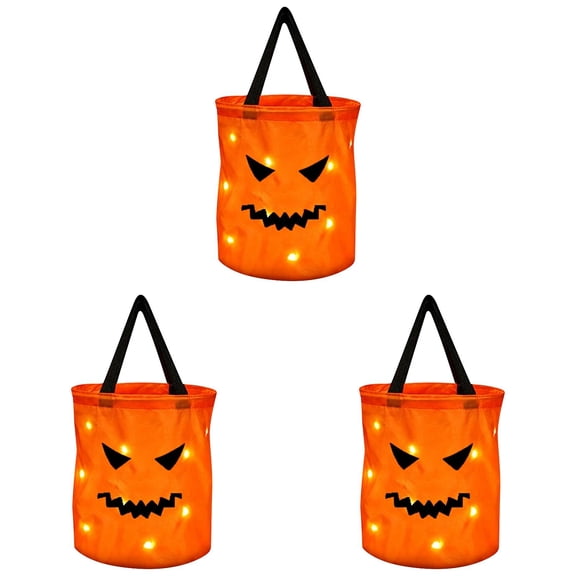 KUMHONW 3 Pcs Halloween Trick or Treat Bags Light up for Kids Pumpkin Candy Bucket LED Halloween Treating Baskets Reusable Goody Tote Bag for Party Favor Supplies( Orange)