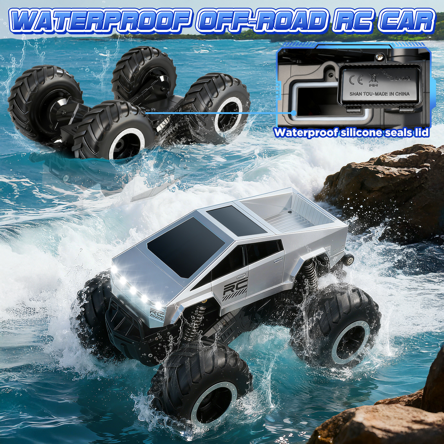 Huge Wave 1:16 RC Monster Truck, Waterproof Amphibious Remote Control Car, 2.4GHz 4WD Off-Road Stunt Car, Christmas Birthday Gift Toys for Boys & Girls Kids Ages 4-12