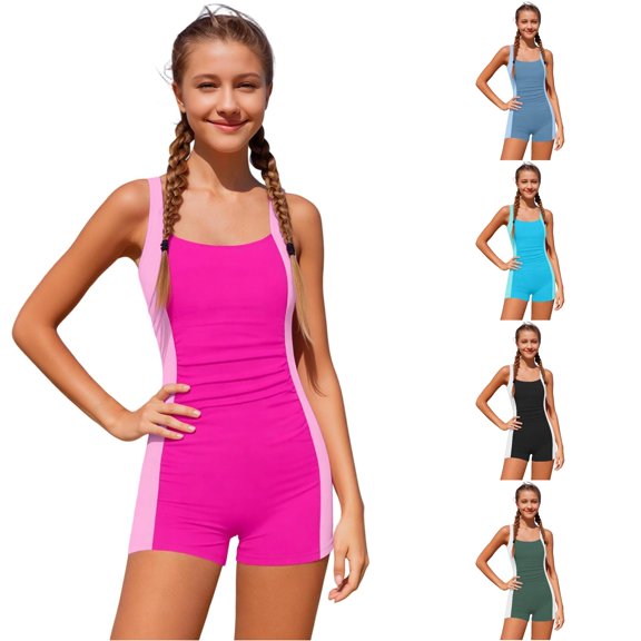 CUZIBR Girls Swimsuit Color Block One Piece Wide Strap Ruffle Removable Soft Cup Inserts Swim Short Jumpsuit Beach Bathing Suit,Hot Pink,15-16 Years