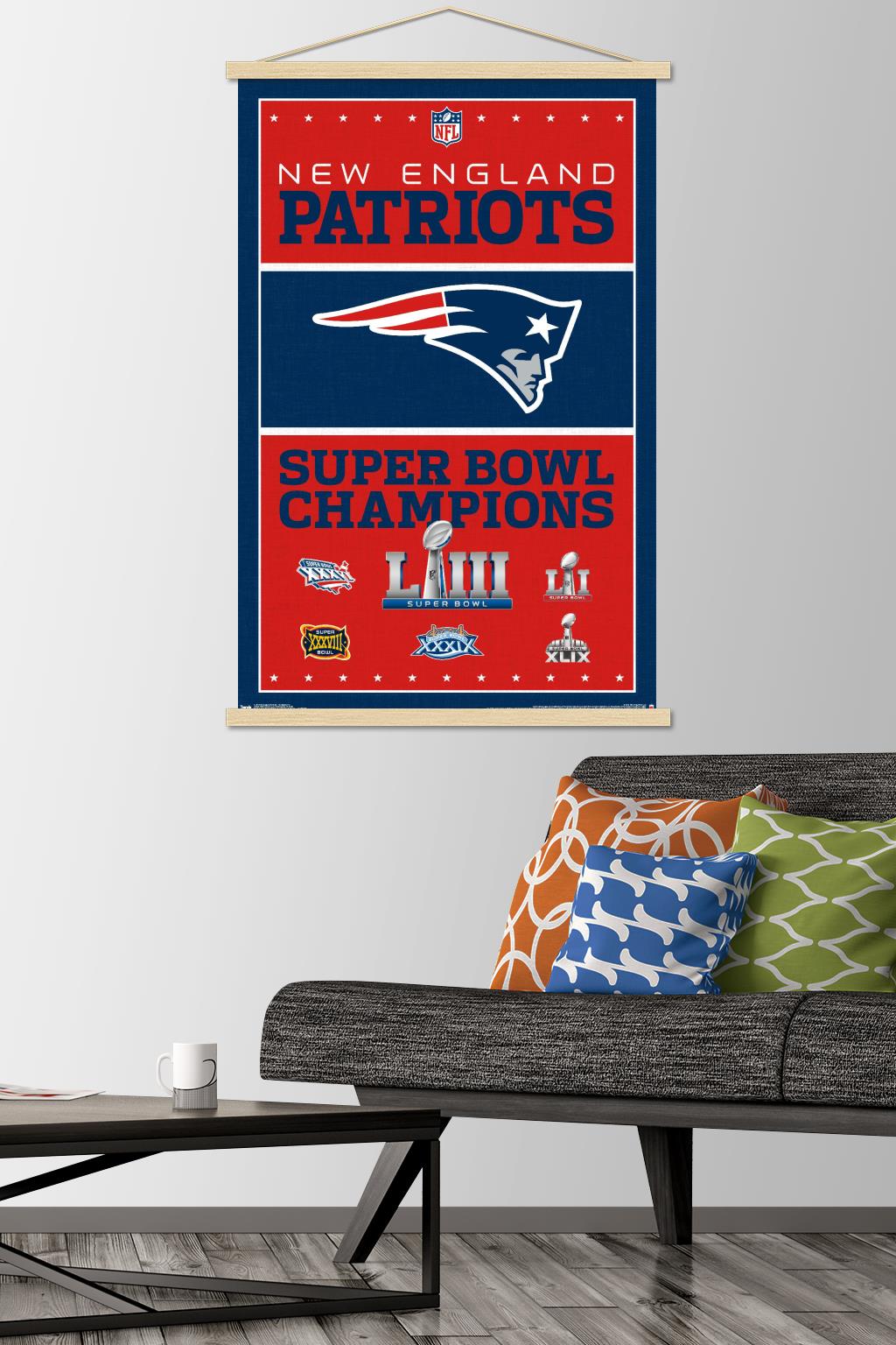 NFL New England Patriots - Champions 19 Wall Poster with Wooden Magnetic Frame, 22.375" x 34"
