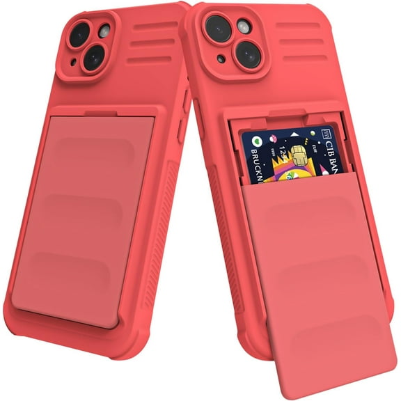 for iPhone 15 Plus Case with Card Holder [Capacity of 3 Cards] Durable Flexible Silicone Cover [Military-Grade Protection] Shockproof Non-Slip Wallet Case for iPhone 15 Plus Red