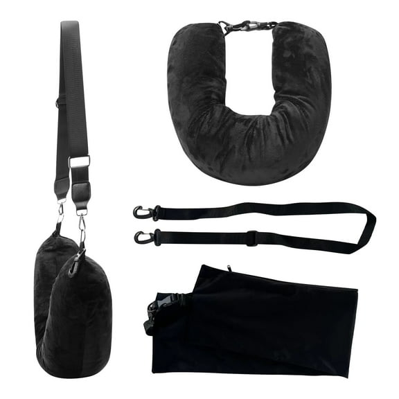 U-Shaped Travel Pillow With Stuffable Luggage Pillowcase, Black Neck Pillow With Adjustable Strap, For Airplane Car Train Office Napping - Includes 1 Pillowcase 1 Strap