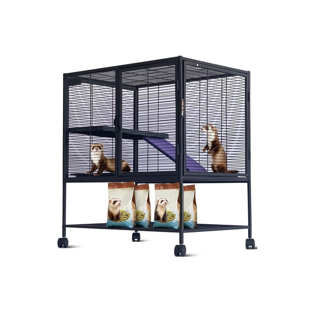 Multi Level Small Animal Cage with Ramp and Storage Shelf, Metal Ferret Habitat for Hamster Chinchilla Rabbit Guinea Pig Hedgehog, Removable Tray and Rolling Casters