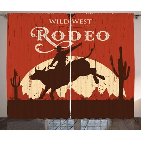 Vintage Curtains 2 Panels Set Rodeo Cowboy Riding Bull Wooden Old