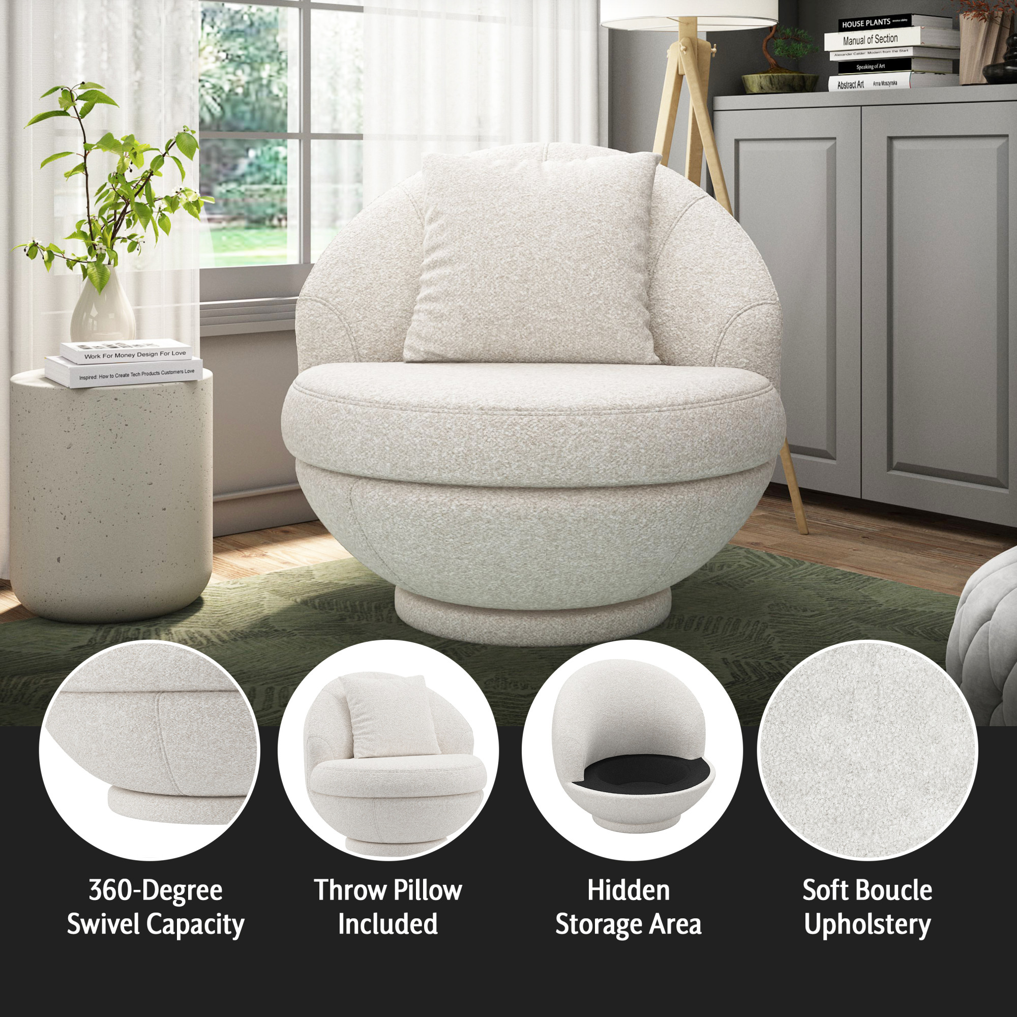 Hillsdale Boulder Upholstered Swivel Storage Chair, Ash White - image 3 of 22