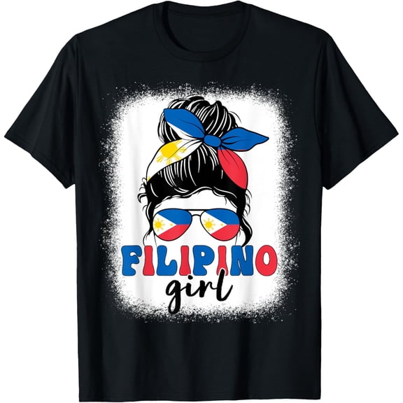 Filipino Girl Messy Bun Philippines Flag Patriotic Women Kid T-ShirtMen's and women's gift, black and white T-shirt, size: Extra large S-4XL
