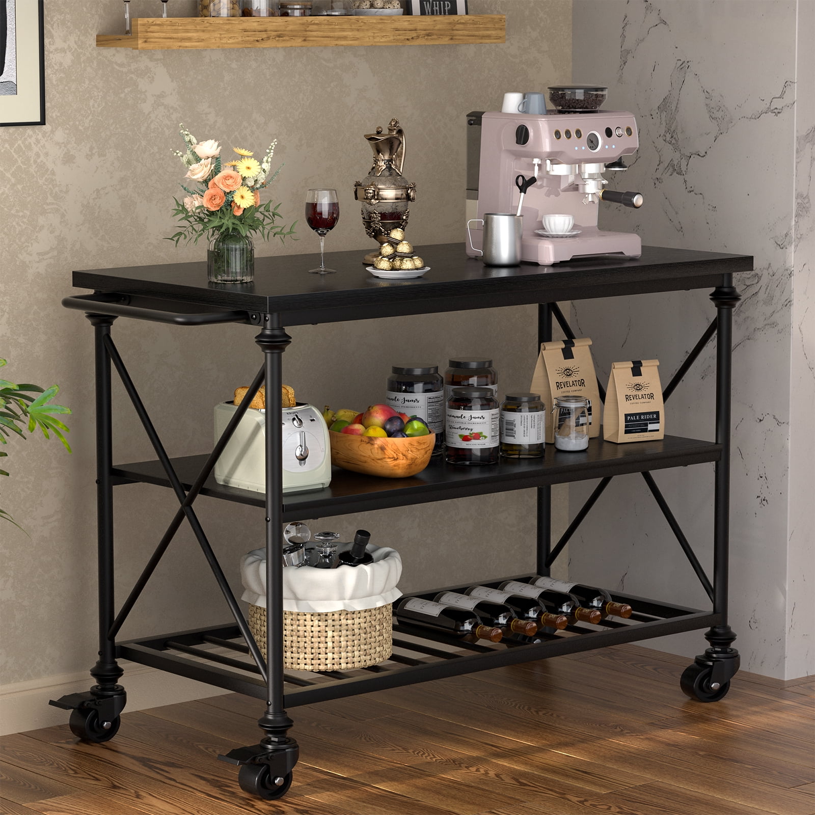 Homieasy Industrial Mobile Kitchen Island Cart with Wheels: 3-Tier Storage, Lockable Casters for Kitchen, Dining & Small Spaces,Black