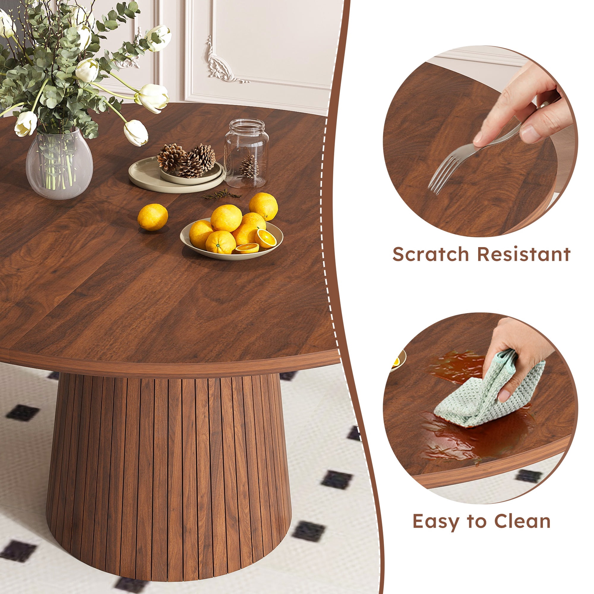 PORKISS 47" Circle Dining Table, Fluted Round Kitchen Table for 4 with 1.18" Thick Wood Tabletop, Modern Farmhouse Dining Room Table with Metal-Reinforced Base for Kitchen, Walnut
