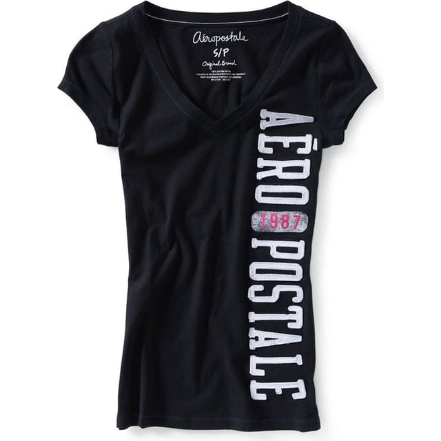 Camiseta gráfica con cuello en V para mujer Aeropostale, negra, talla extra pequeña