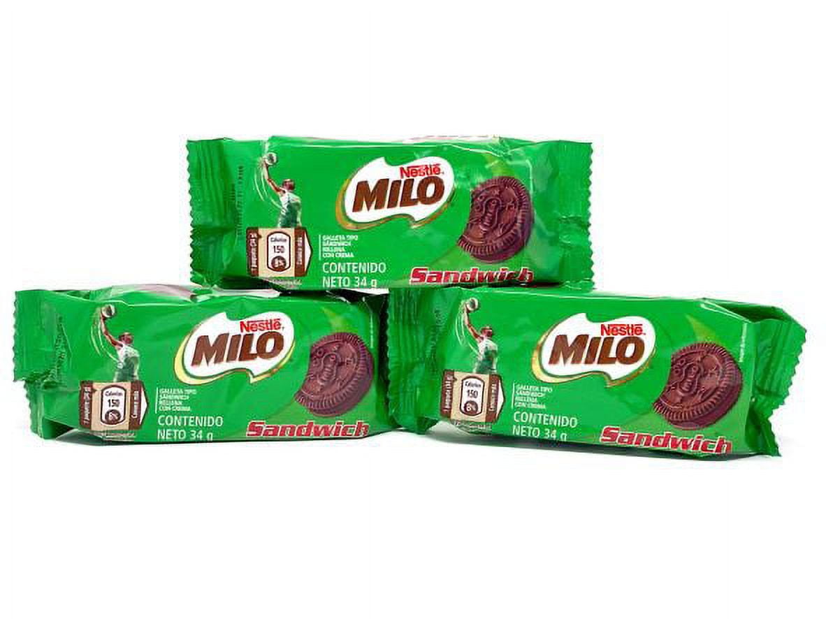 Galleta Milo is a colombian Cookie snack with a chocolate cream filling pck of 12 colombian food productos colombianos online