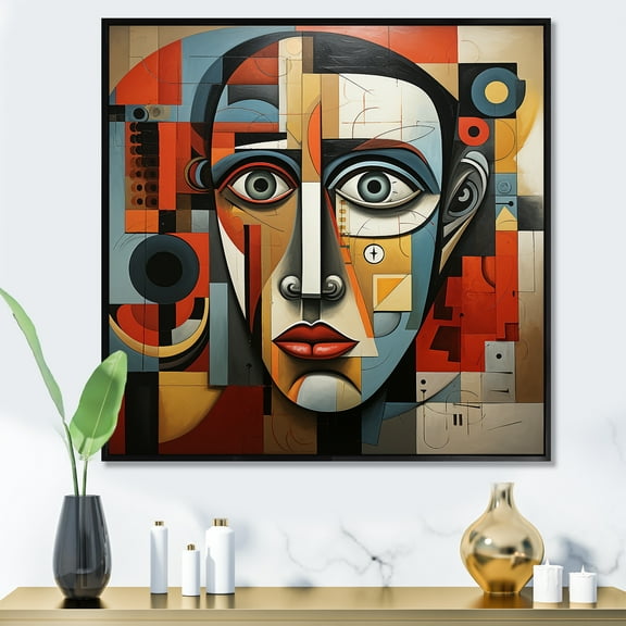 Designart "Cubism Portrait Inspired by Pablo Picasso I" Fashion Framed Wall Art - Glam Blue Man Abstract Entryway Framed Wall Art Print