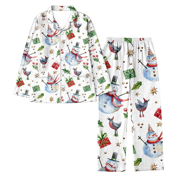 Gibobby camisón de seda para mujer Conjunto de pantalón de manga larga informal con copos de nieve y estampado completo de solapa navideña para mujer (Blanco, L)