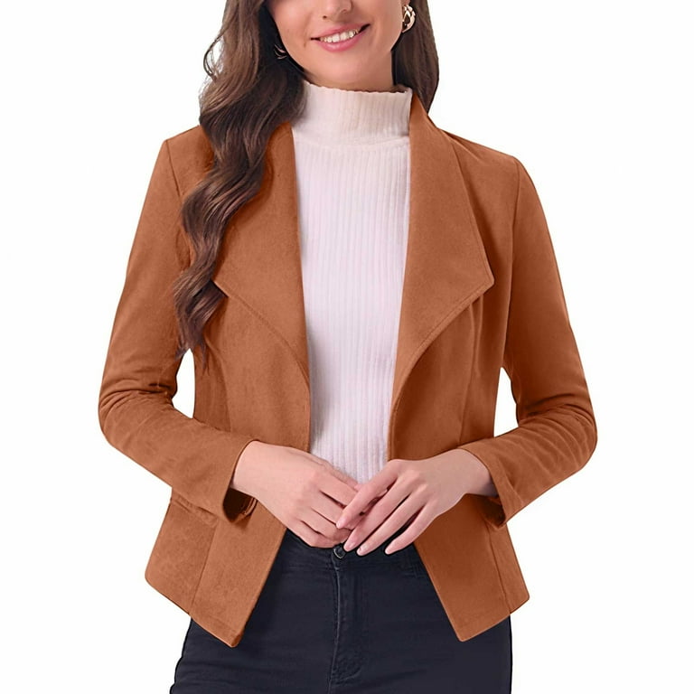 Korte Jas Open Front OMZIN Dames Faux Suède Jas - Korte Biker Jas Met Revers Reverskraag Leren Jas