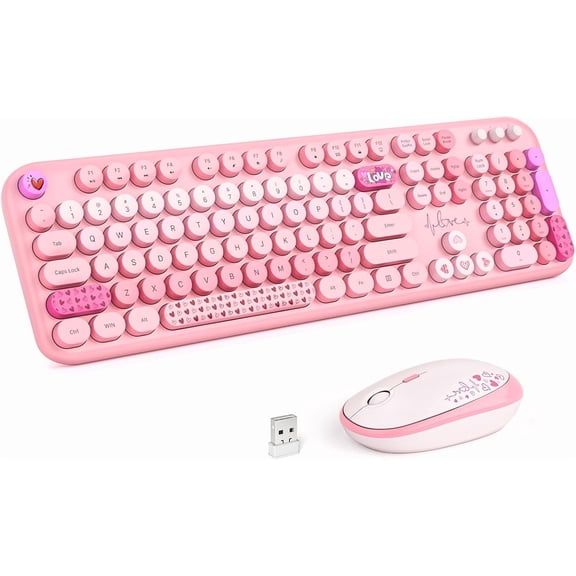 Wireless Keyboard and Mouse, Silent Mouse Combo, Full-Sized Colorful Typewriter with Round Keycaps, 2.4G Cute Compatible PC/Laptop/Computer(Milk Tea)