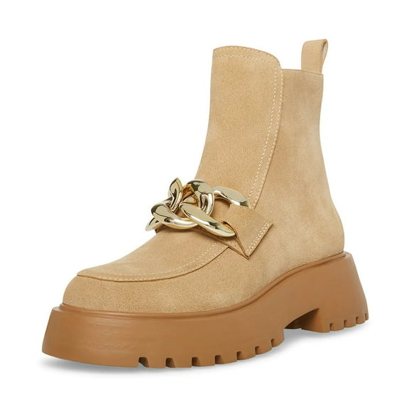 Steve Madden Cleo Taupe Suede Chunky Lug Sole Curb Chain Round Toe Ankle Boots (Taupe Suede, 9.5)