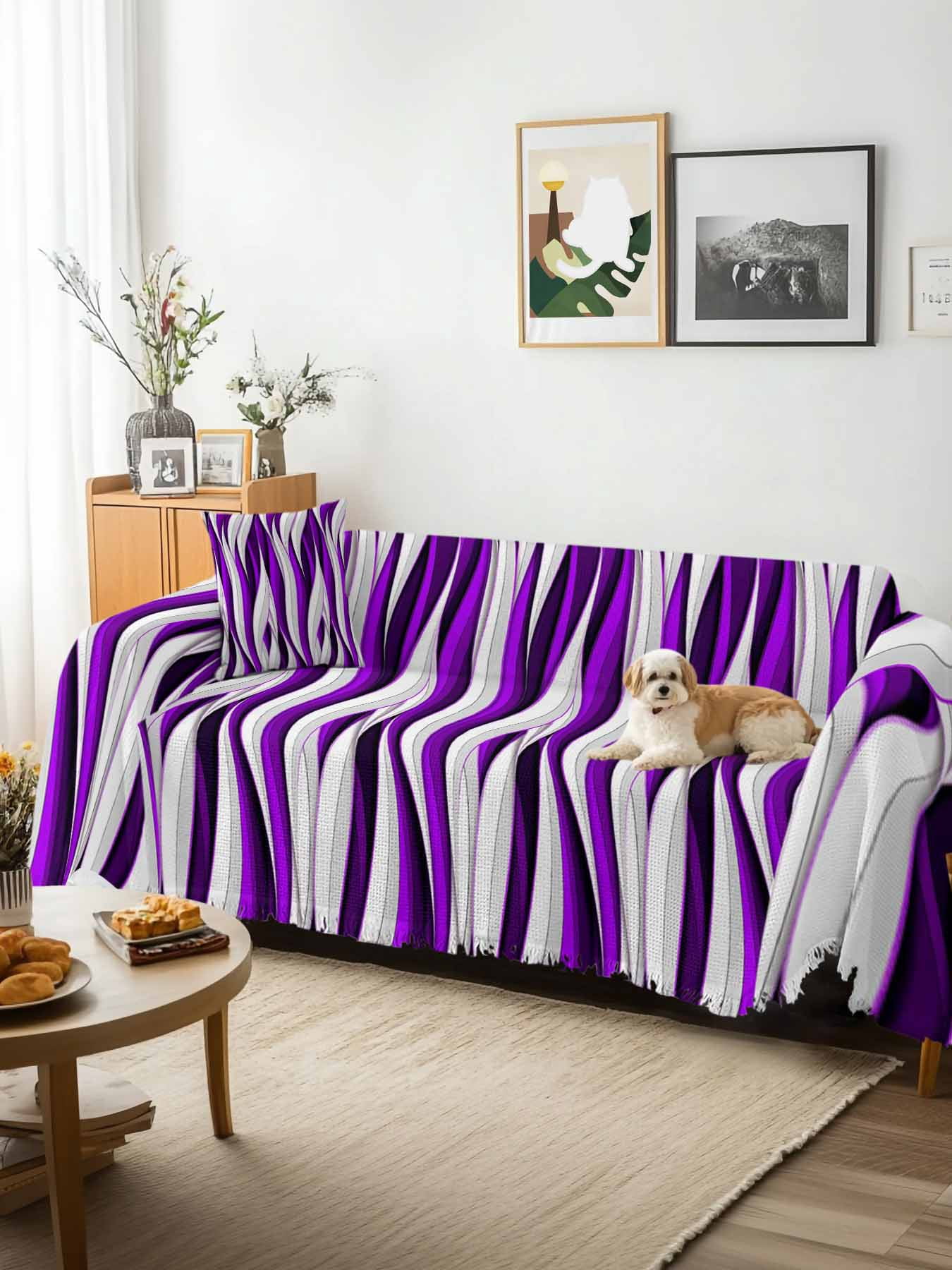 Purple White Moire Couch Cover, Modern Abstract Art Sofa Cover Blanket for 2 Seat Cushion,Sectional Sofa Slipcover Furniture Protector for Living Room Bedroom 71''x102''