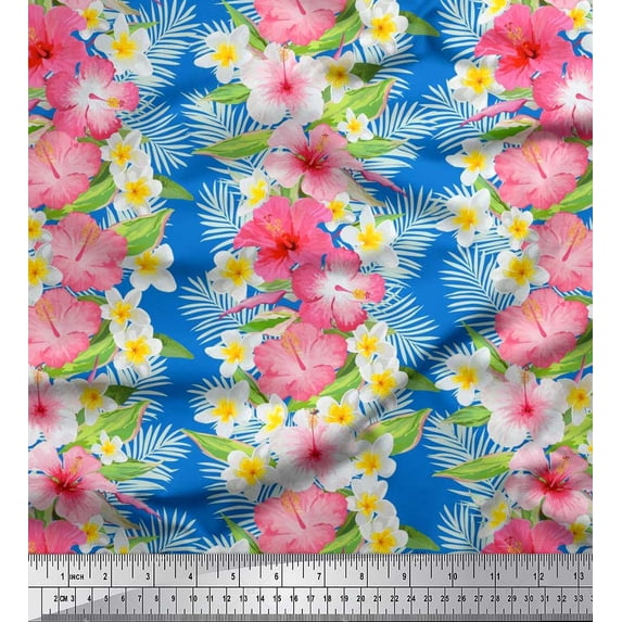 Soimoi Blue Polyester Crepe Fabric Leaves & Tropical Floral Watercolor Printed Craft Fabric by The Yard 42 Inch Wide