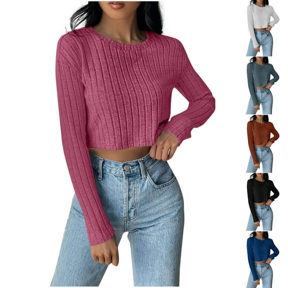 CQONEPT Women's Cropped Ribbed Knit Sweater Trendy Crewneck Pullover Fall Winter Jumper with Stretchy Fabric Blue S