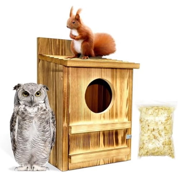Wooden Squirrel Houses Owl House Bird Houses for Outside, Squirrel Nesting Box, Owl Boxes for Outside, Birdhouses for Outdoors, Bird Nesting Boxes with Shavings for Wildlife Lovers$$Garden & Patio