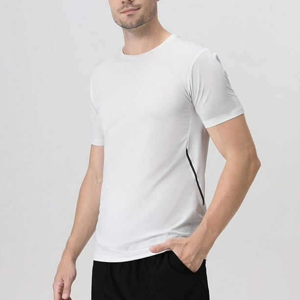 pstuiky camisetas de manga corta para hombre, Camiseta deportiva elástica transpirable de color sólido, informal, de manga corta y cuello redondo para hombre camisetas de hombre xl