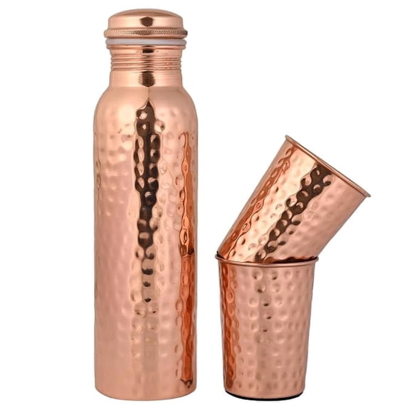 Tambra Pure Copper Water Bottle 950 ML with 2 Copper Glass | Hammered Design | Handcrafted, Leakproof, Jointless | Ayurvedic Benefits, Antioxidant Properties