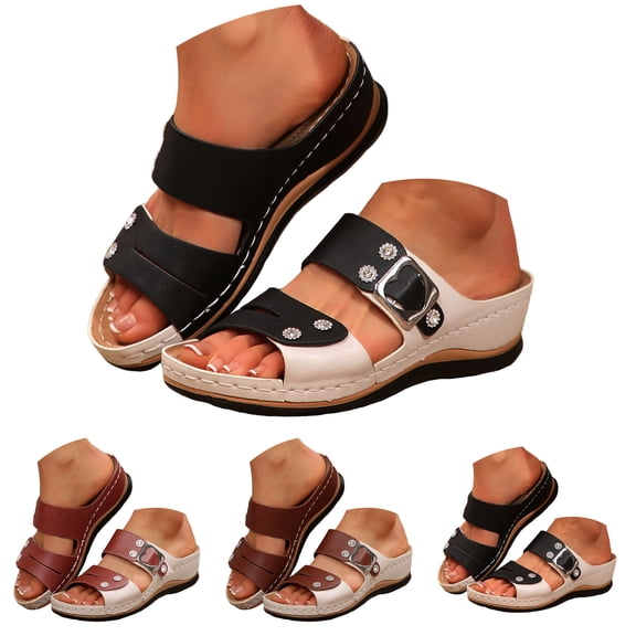 Pandaie Orthopedic Wedge Sandals for Women Open Toe Leather Slip on Slides Buckles Platform Summer Beach Walking Shoes with Arch Support Black Size 6