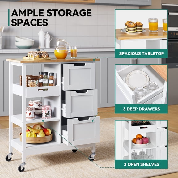 Rolling Kitchen Island Cart with Countertop and Drawer, 3 Tier Mobile Kitchen Storage Island Cart with 3 Drawers and 3 Opening Storage Shelves for Kitchen Living Room, White