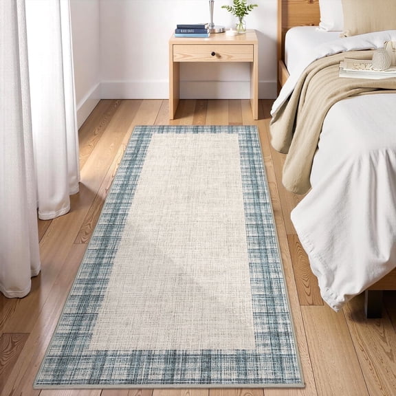 Geetinfly 2x6 Modern Striped Runner Rug Bordered Washable Rugs Non-Slip SoFT Area Rugs Floor Carpet Low Pile Indoor Foldable Accent Rug for Entryway Bedroom Hallway Kitchen Blue