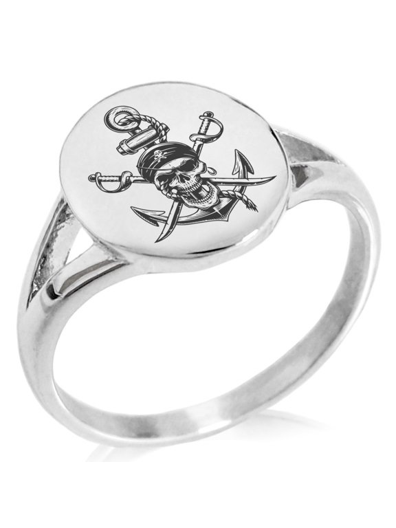 Stainless Steel Pirate Skull Anchor & Cross Swords Minimalist Oval Top Polished Statement Signet Ring