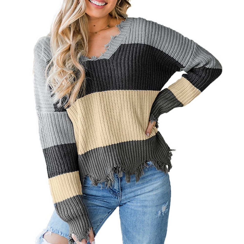 distressed color block sweater