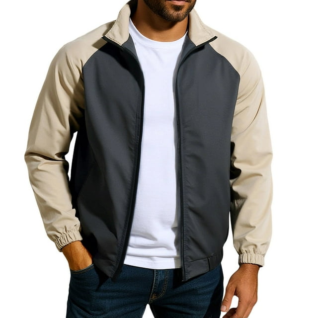 Veste Légère Décontractée pour Hommes Couleur Unie Fermeture Éclair Col Rabattu Automne Coupe-Vent Confortable Manteau Extérieur avec Poches