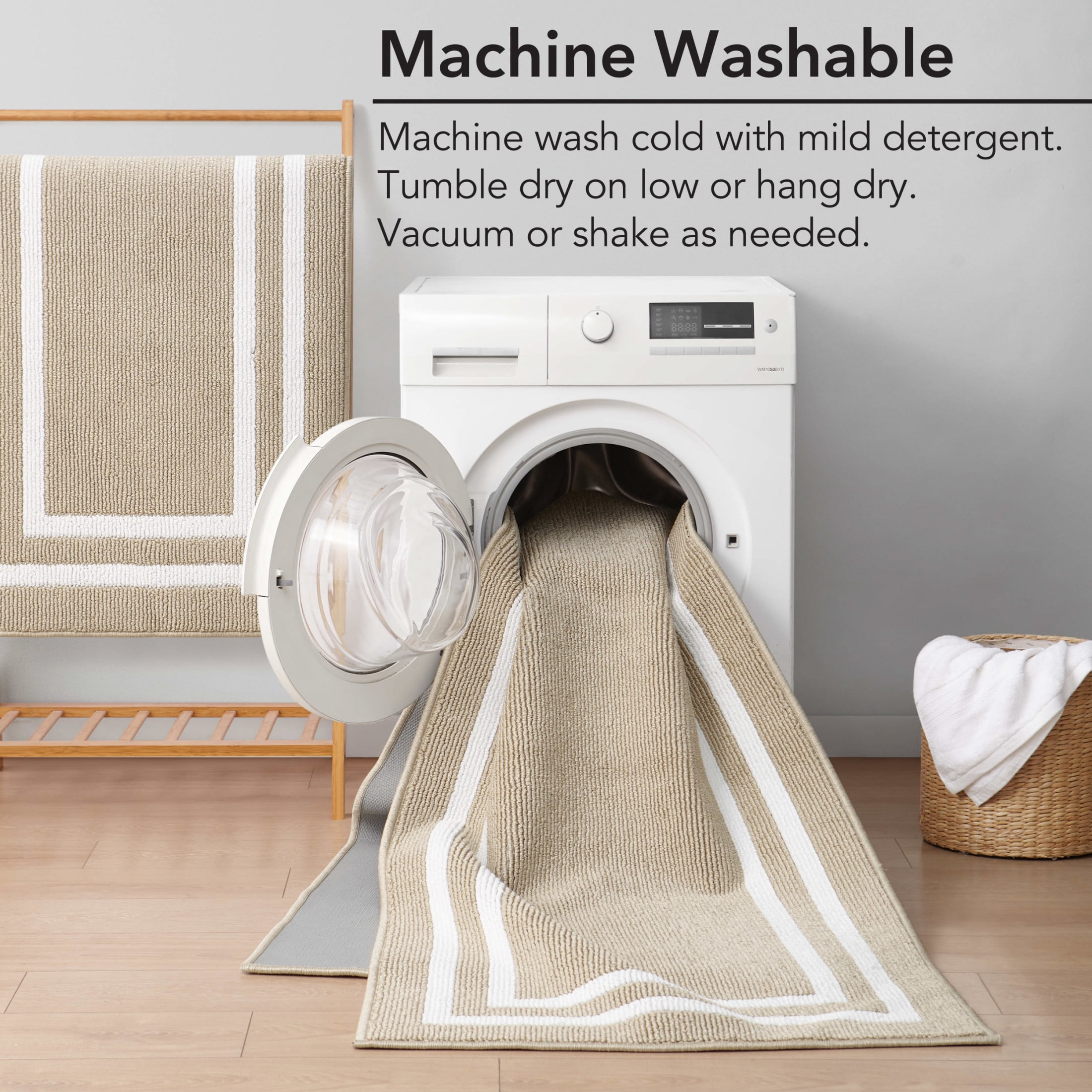Washable Skid-Resistant Runner Rug, Border, Beige and White, 30" x 144"