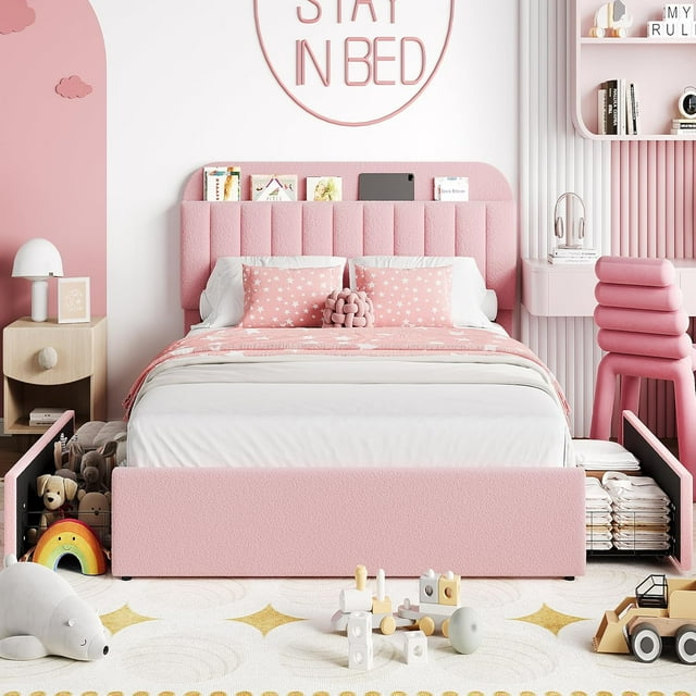 Bed Frame Full Size, Pink Upholstered Storage Bed with Headboard & 2 Storage Drawers, Metal Support Platform Bed Frame, Easy Assembly, No Box Spring Needed